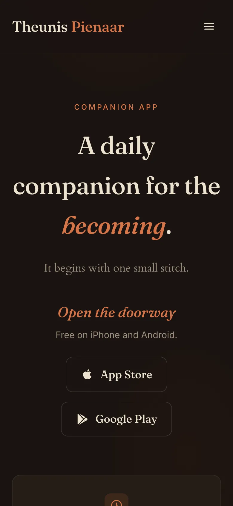 The re-Genesis companion app page on a phone, headed "A daily companion for the becoming".