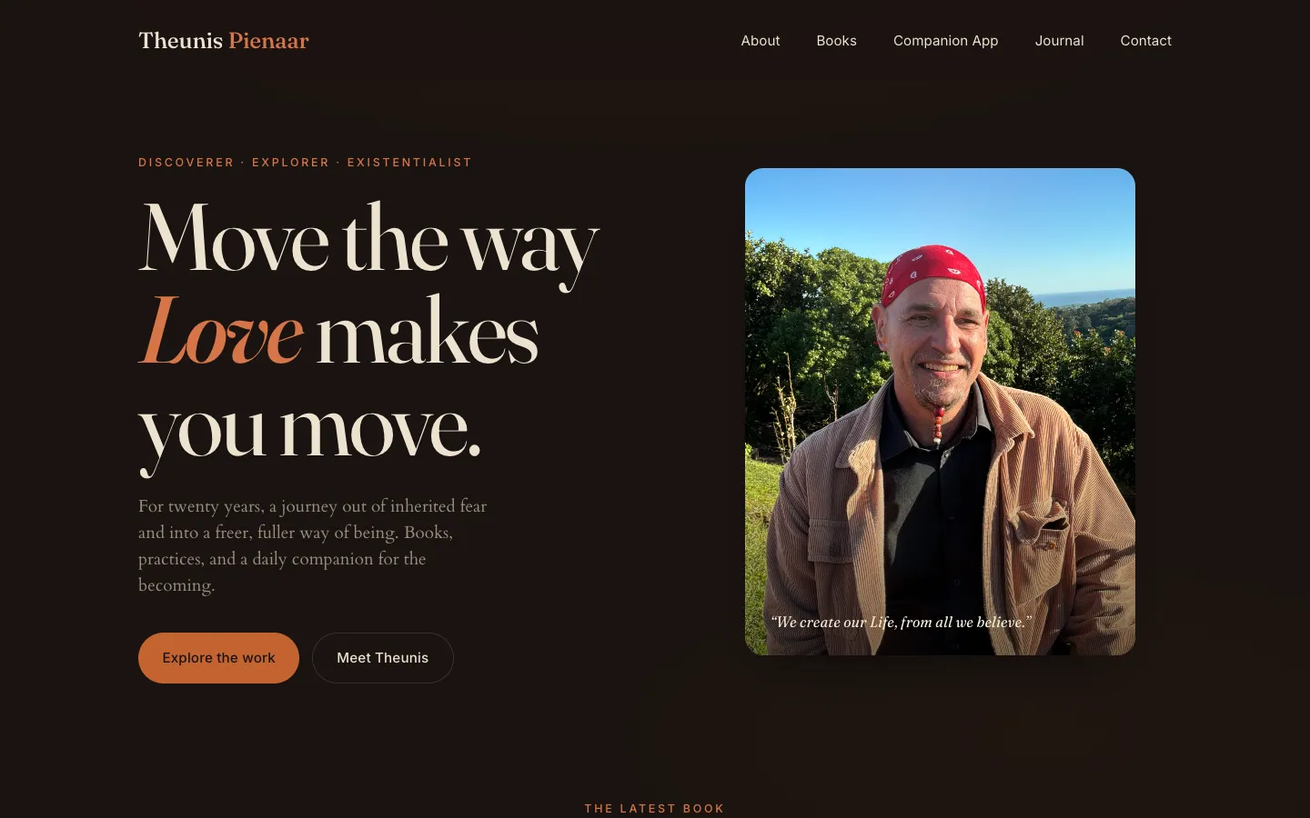 The theunispienaar.com homepage, with the headline "Move the way Love makes you move" beside a photo of Theunis.